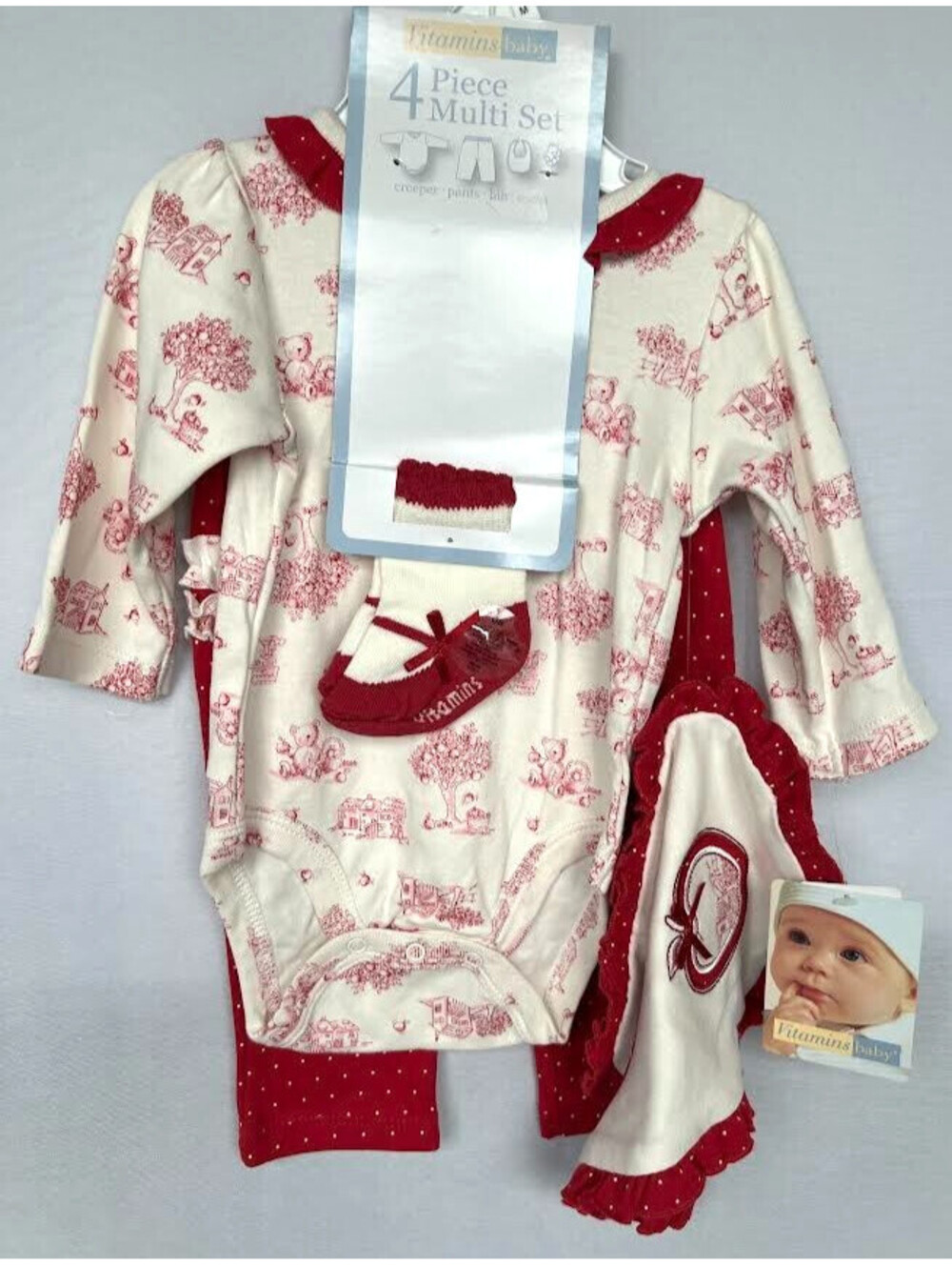 Vitamin Baby 4 Piece Outfit-Size 3 Months, Red & Beige, Top, Bottom, Bib, Socks